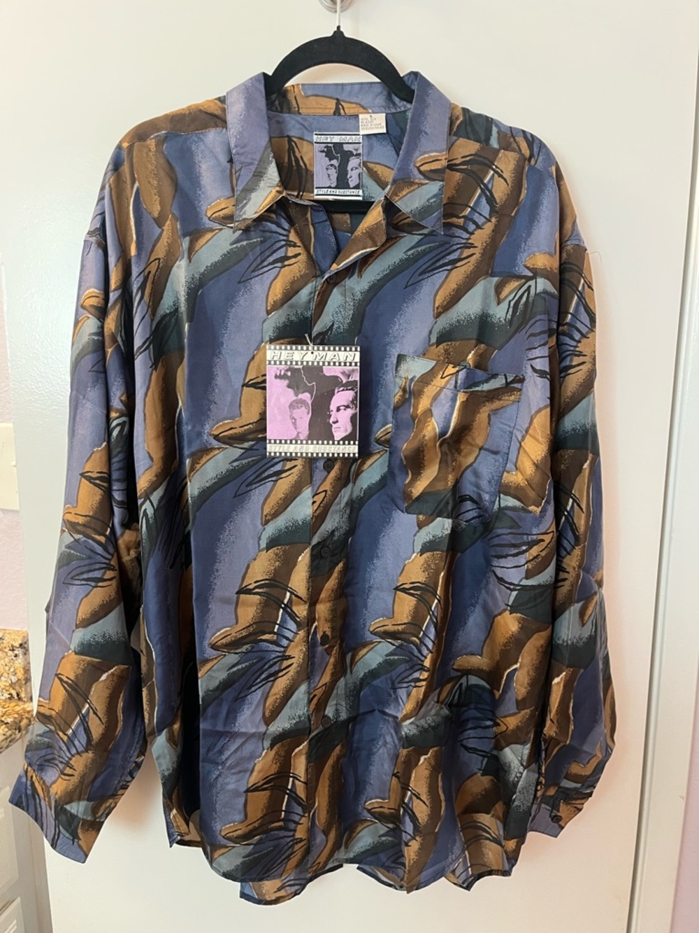 Hey Man Large 100% Silk Blue and Brown Abstract Print Long-Sleeve Shirt